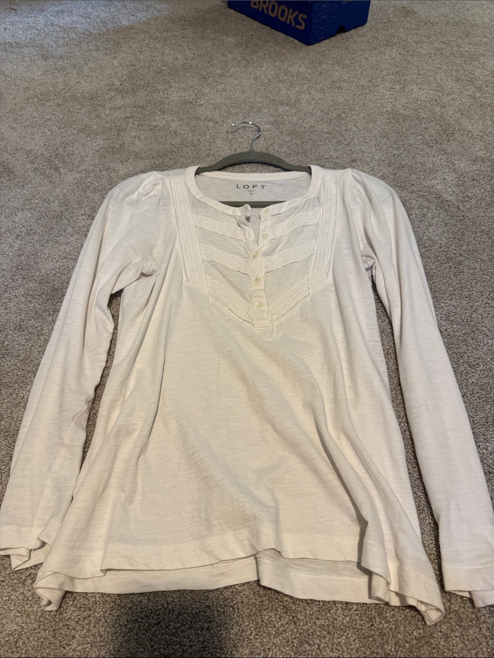 LOFT Cream Long-Sleeve Henley with Lace Yoke